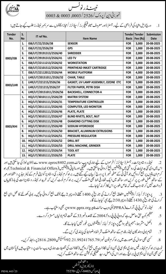 Director General Logistic Karachi Tender Notice